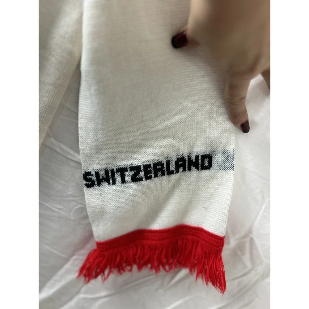 Unbranded Switzerland Knit Scarf OS White‎ Red Fringe Souvenir Alpine Gorpcore
